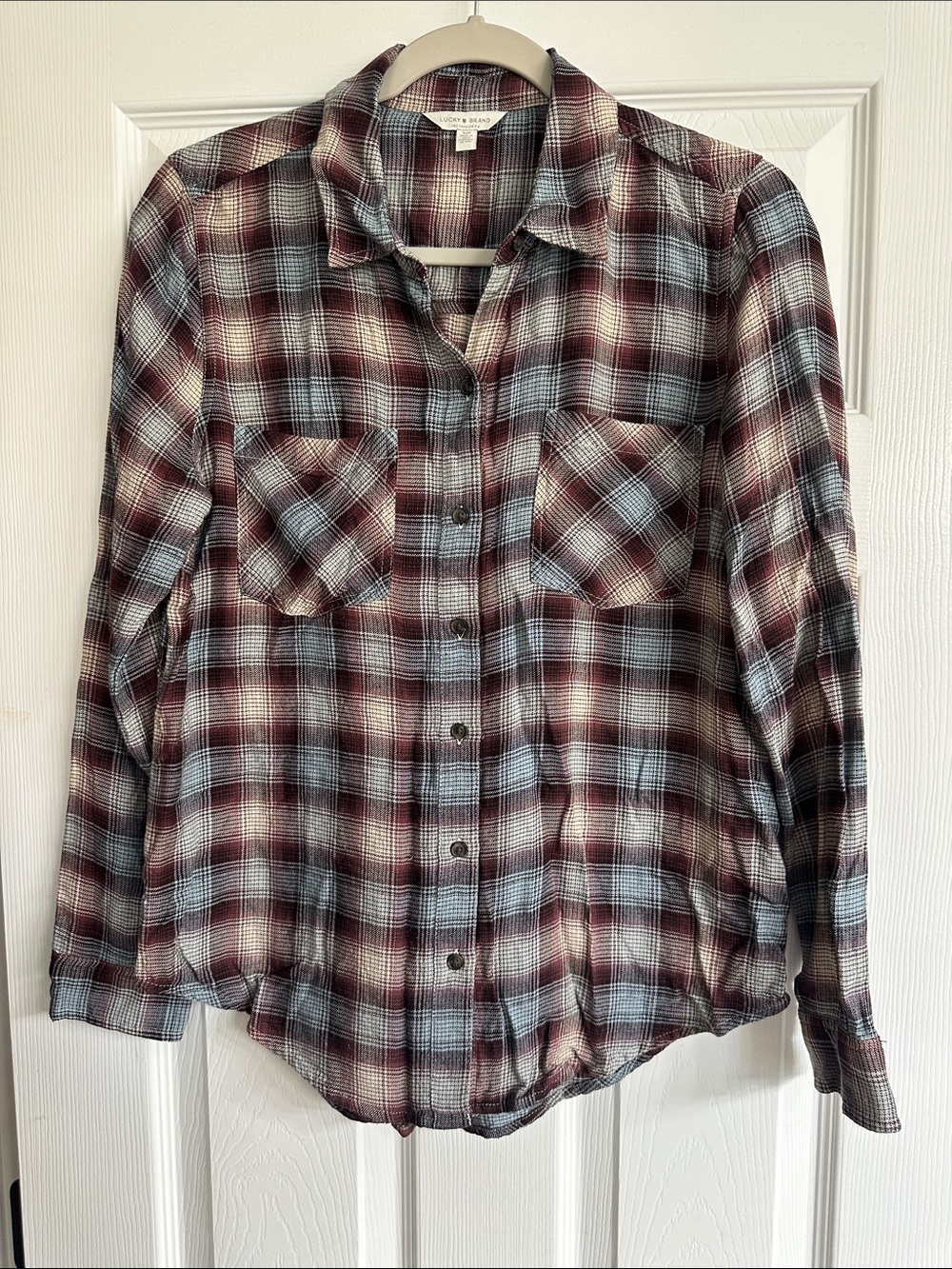 Lucky Brand Burgundy and Light Blue Plaid Button-Down Shirt